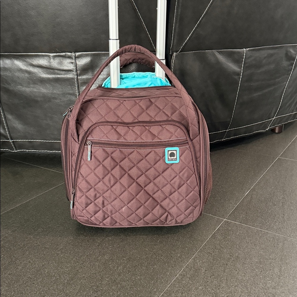 DELSEY PARIS rolling underseat tote bag, quilted brown with blue interior & trim